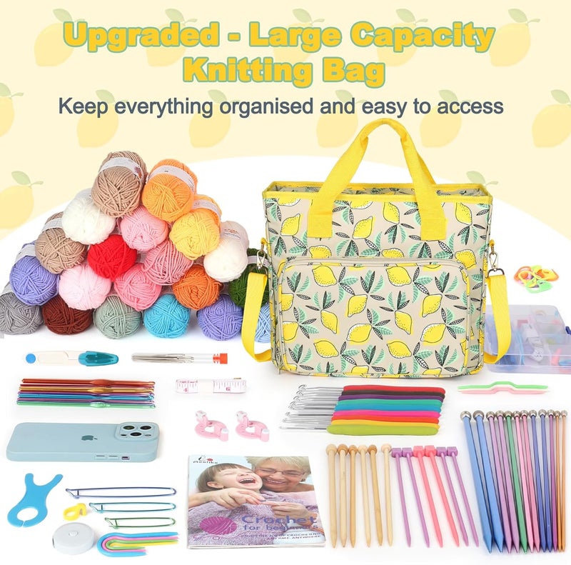 Aeelike Yarn Storage Organizer Travel Crochet Bag, Large Capacity Tote Bag Knitting Bag for Carrying Projects, Knitting Needles, Crochet Hooks and Yarn, Fruit Yellow Lemon - Image 2
